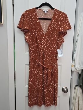 Nine West Rust Brown Polka Dot Wrap Dress